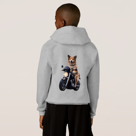 バイクに乗る冒険好きな犬 – Kids Pullover (裏面フル)