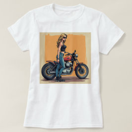 バイクに乗る準備をするレディーバイカー Tシャツ