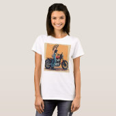 バイクに乗る準備をするレディーバイカー Tシャツ (正面フル)