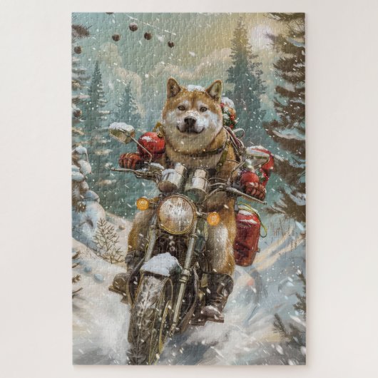 バイクに乗る秋田犬 クリスマス ジグソーパズル (縦)