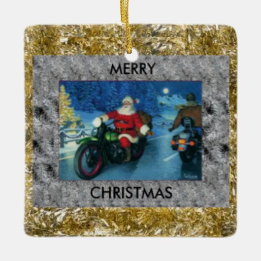 バイクのクリスマス装飾に乗るサンタ セラミックオーナメント (正面)