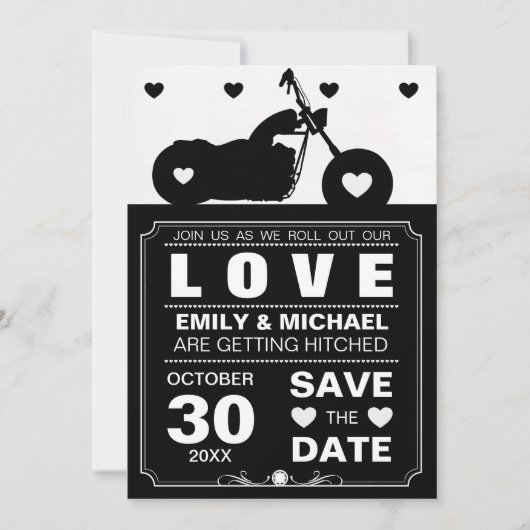 バイクのシルエット - 黒と白の結婚式招待状を保存する セーブザデート (正面)