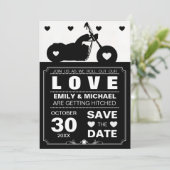バイクのシルエット - 黒と白の結婚式招待状を保存する セーブザデート (スタンド正面)