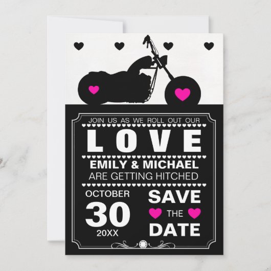 バイクのシルエット - 黒と白の結婚式 Save the Date セーブザデート (正面)
