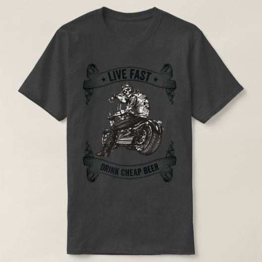 バイクのスケルトンバイクもしくは自転車に乗る人飲みビールバイク Tシャツ (デザイン正面)