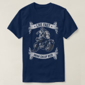 バイクのスケルトンバイクもしくは自転車に乗る人飲みビールバイク Tシャツ (デザイン正面)