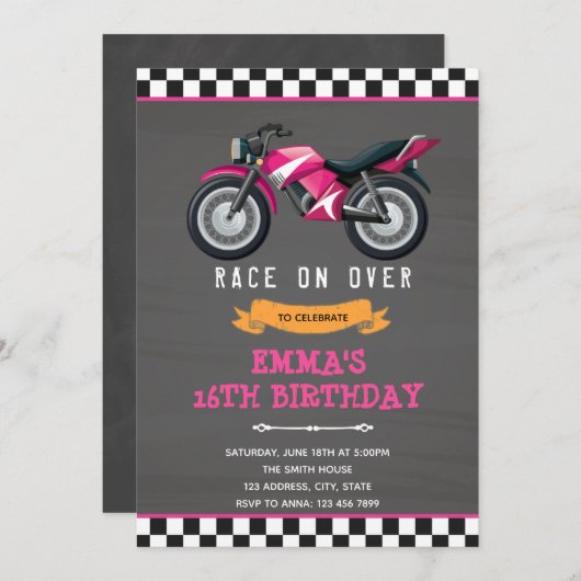 バイクの女の子 ピンクの誕生日招待状 招待状 (正面/裏面)