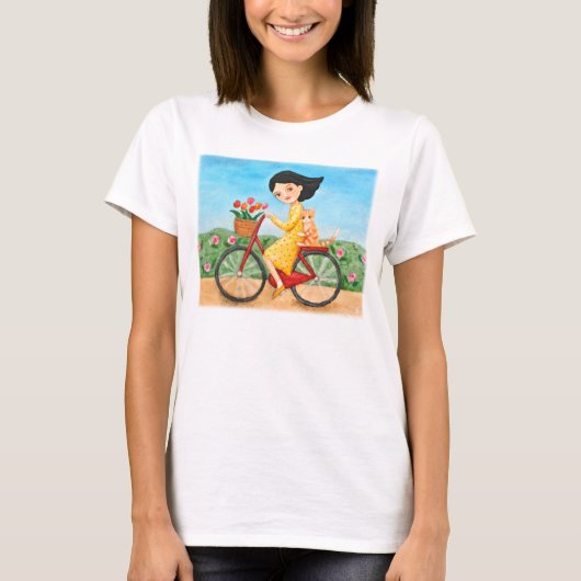 バイクの芸術の恋人のTシャツのかわいい女の子及び猫を自転車に乗って下さい Tシャツ (正面)