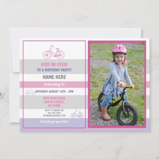 バイクの誕生日の自転車の乗車のパーティーのピンクの女の子の写真 招待状 (正面)