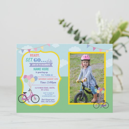 バイクの誕生日の自転車の乗車の気球のパーティーの写真 招待状 (スタンド正面)
