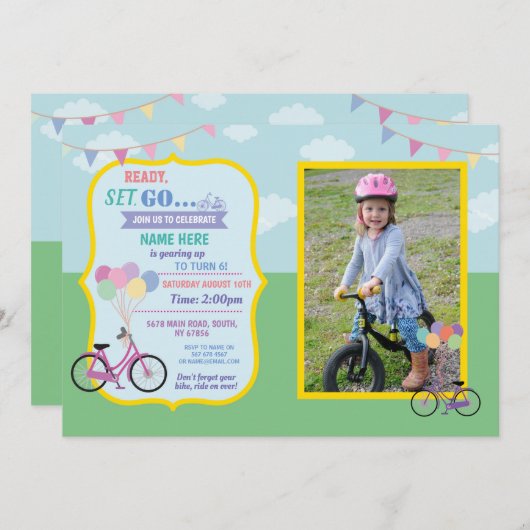 バイクの誕生日の自転車の乗車の気球のパーティーの写真 招待状 (正面/裏面)