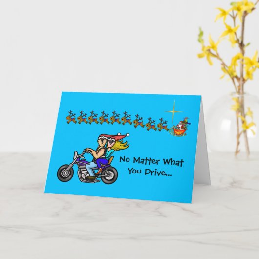 バイクもしくは自転車に乗る人おもしろいカップルSanta Sleighクリスマスカード カード (黄色い花)