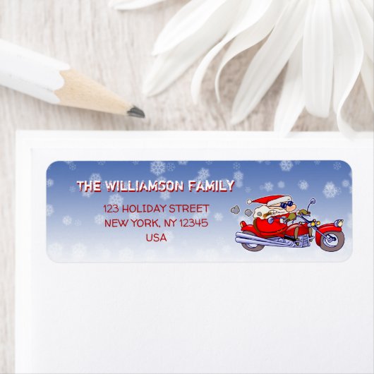 バイクもしくは自転車に乗る人おもしろいサンタホリデー差出人住所ラベル ラベル (インサイチュ)