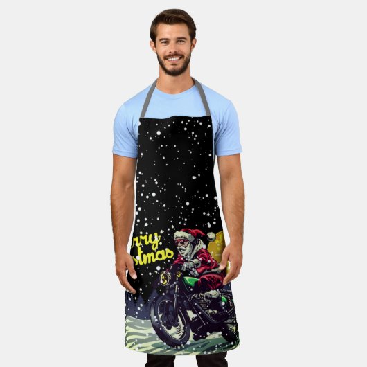 バイクもしくは自転車に乗る人おもしろいサンタメリークリスマス エプロン (着用した状態)