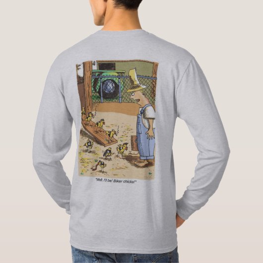 バイクもしくは自転車に乗る人のひよこ灰色の長袖のシャツの背中 Tシャツ (裏面)