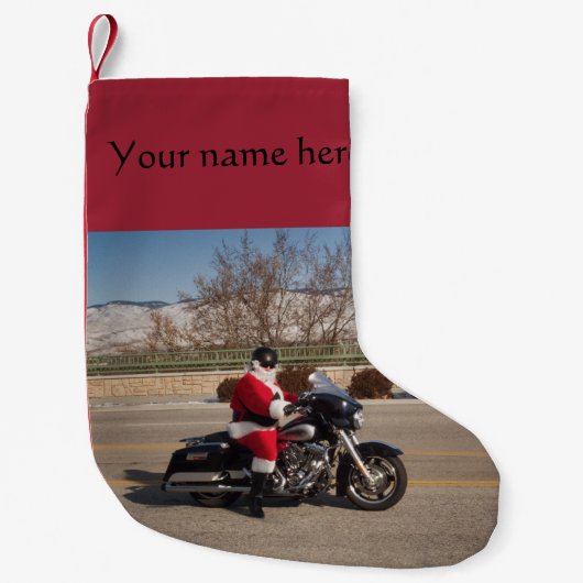 バイクもしくは自転車に乗る人のサンタクロースのカスタマイズ可能なクリスマスのストッキング スモールクリスマスストッキング (正面)