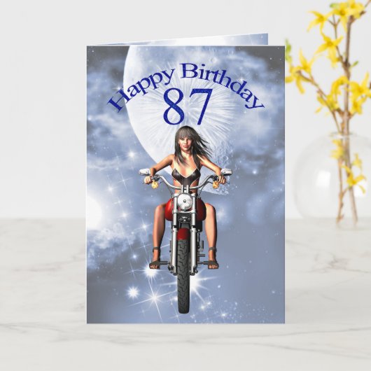 バイクもしくは自転車に乗る人の女の子との第87誕生日 カード (黄色い花)