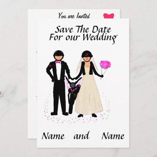 バイクもしくは自転車に乗る人の結婚式の保存日付の招待状 セーブザデート (正面/裏面)