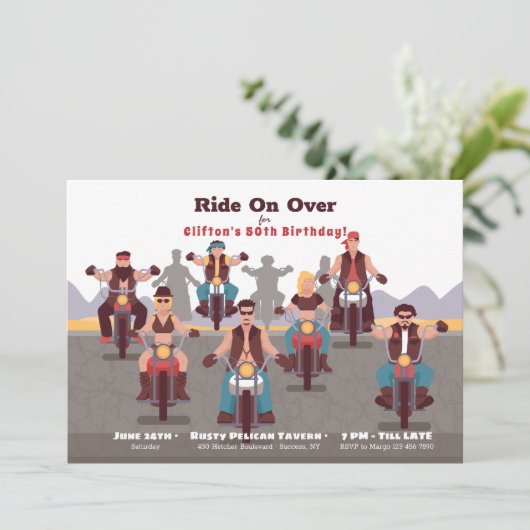 バイクもしくは自転車に乗る人の誕生日のパーティの招待状 招待状 (スタンド正面)