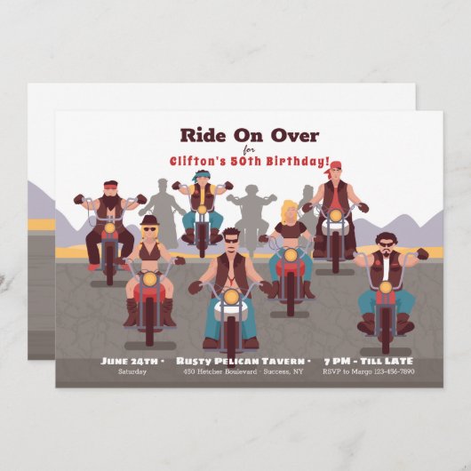 バイクもしくは自転車に乗る人の誕生日のパーティの招待状 招待状 (正面/裏面)