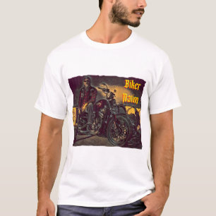 バイクもしくは自転車に乗る人は彼のハーレーに座って Tシャツ