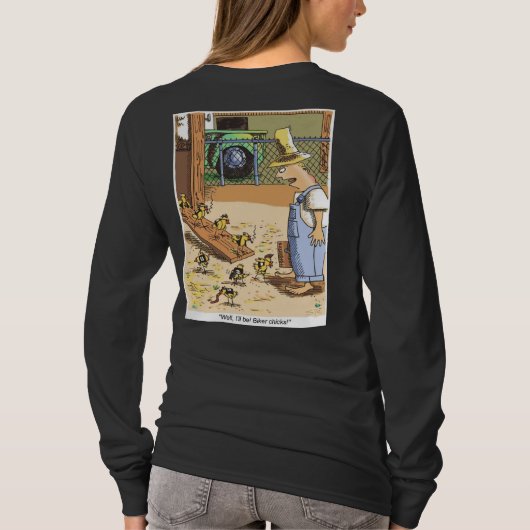 バイクもしくは自転車に乗る人ひよこ黒い長袖シャツの後ろ Tシャツ (裏面)