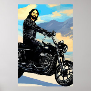 バイクもしくは自転車に乗る人イエスキリストオンオートバイ抽象芸術アート ポスター
