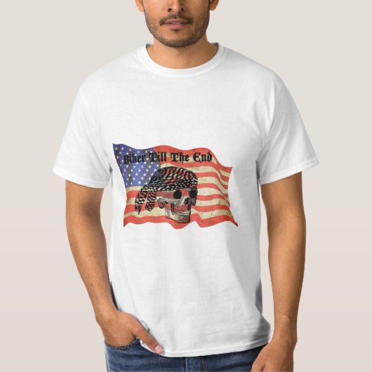 バイクもしくは自転車に乗る人エンドスカルアメリカ国旗の芸術 Tシャツ (正面)