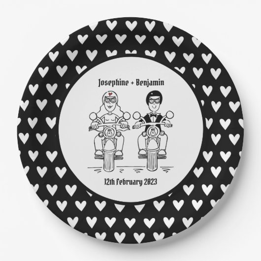 バイクもしくは自転車に乗る人オートバイウェディングパーティーフード紙プレート ペーパープレート (正面)