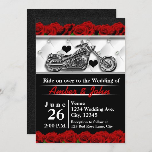 バイクもしくは自転車に乗る人オートバイレザーバラ結婚式招待状 招待状 (正面/裏面)