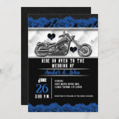 バイクもしくは自転車に乗る人オートバイレザーブルーバラ結婚ズ 招待状 (正面/裏面)