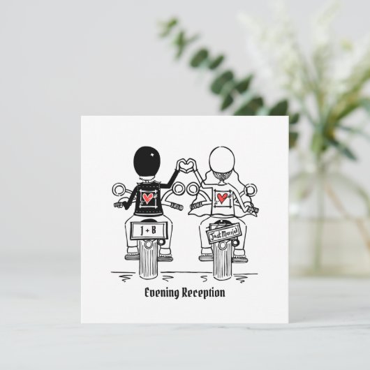 バイクもしくは自転車に乗る人カスタムオートバイ夕べ結婚式招待状 招待状 (スタンド正面)