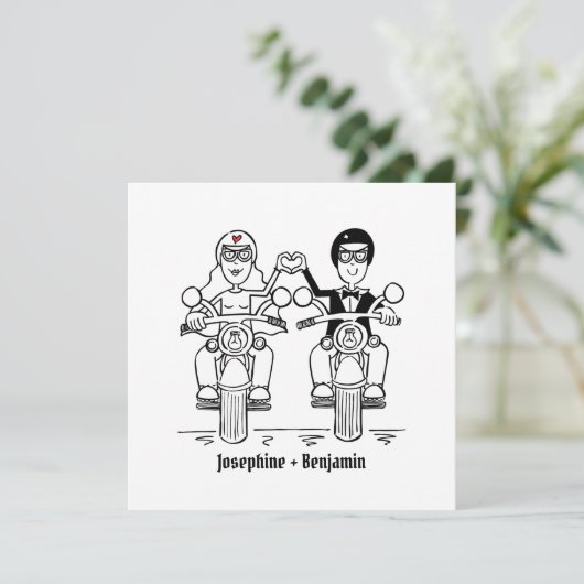 バイクもしくは自転車に乗る人カスタムオートバイ結婚式招待状 招待状 (スタンド正面)