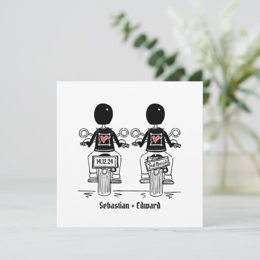 バイクもしくは自転車に乗る人カスタムツールームズオートバイ夕べ結婚ズ 招待状 (スタンド正面)