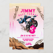 バイクもしくは自転車に乗る人キッドダートスタントバイバースデーパーティーカード 招待状 (正面/裏面)