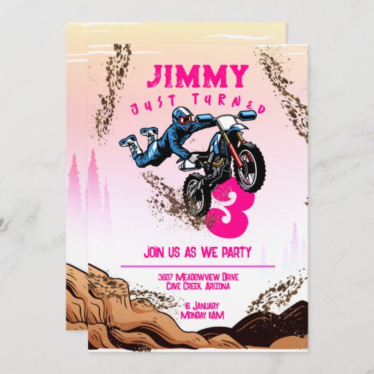 バイクもしくは自転車に乗る人キッドダートスタントバイバースデーパーティーカード 招待状 (正面/裏面)