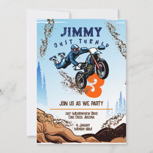 バイクもしくは自転車に乗る人キッドダートスタントバイバースデーパーティーカード 招待状 (正面)