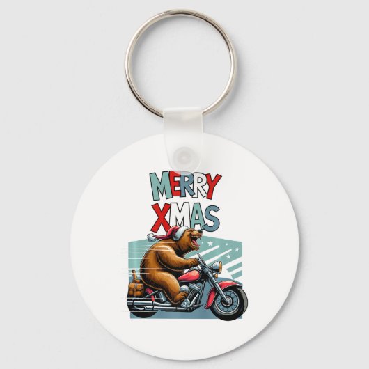 バイクもしくは自転車に乗る人クマとクリスマスハットウィッシュメリークリスマスフー キーホルダー (正面)