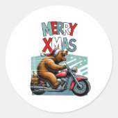 バイクもしくは自転車に乗る人クマとクリスマスハットウィッシュメリークリスマスフー ラウンドシール (正面)