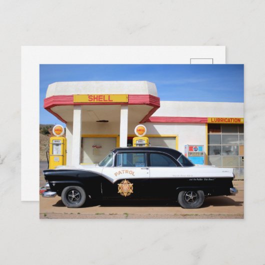 バイクもしくは自転車に乗る人クラシックパトロール車サービスステーション ポストカード (正面/裏面)