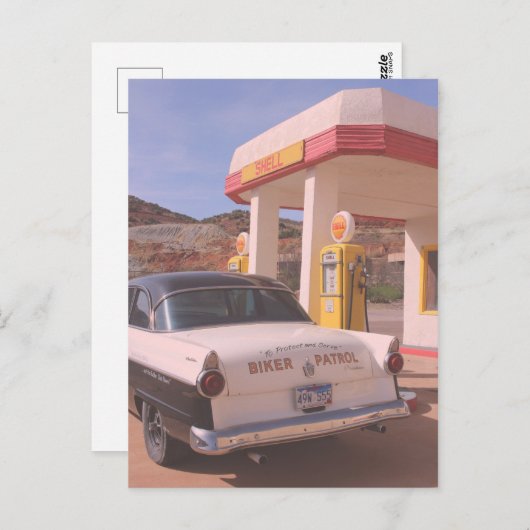 バイクもしくは自転車に乗る人クラシックパトロール車サービスステーション ポストカード (正面/裏面)