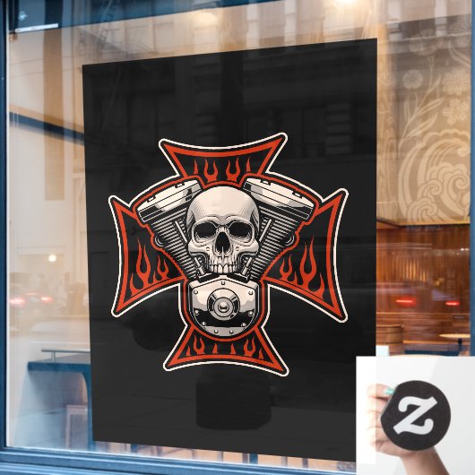 バイクもしくは自転車に乗る人クロススカルモーターフレイムオートバイショップ ウィンドウサイン (カフェ窓)