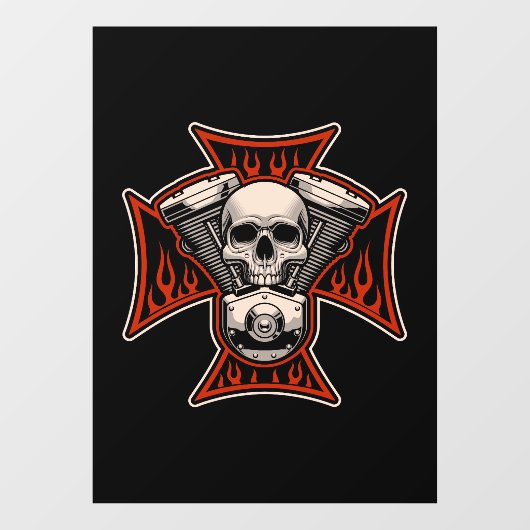 バイクもしくは自転車に乗る人クロススカルモーターフレイムオートバイショップ ウィンドウサイン (シート)