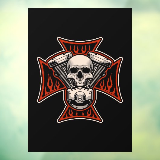 バイクもしくは自転車に乗る人クロススカルモーターフレイムオートバイショップ ウィンドウサイン (シート3)