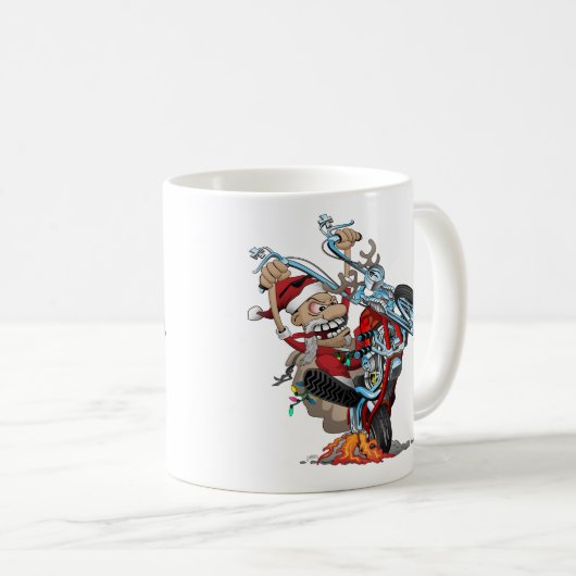 バイクもしくは自転車に乗る人サンタオンザチョッパー漫画イラストレーション コーヒーマグカップ (正面右)
