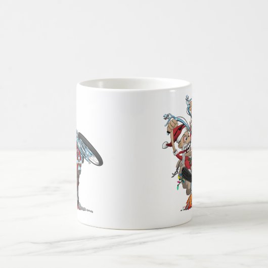 バイクもしくは自転車に乗る人サンタオンザチョッパー漫画イラストレーション コーヒーマグカップ (中央)