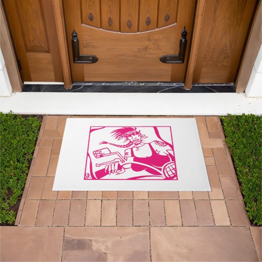 バイクもしくは自転車に乗る人シックのピンクと白のdoormat ドアマット (室外)
