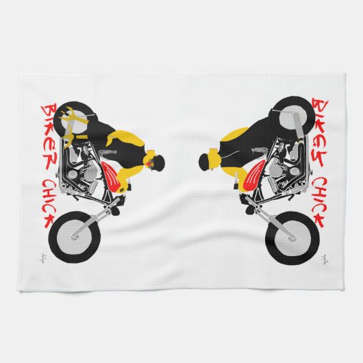 バイクもしくは自転車に乗る人チックオートバイに座る キッチンタオル (横)