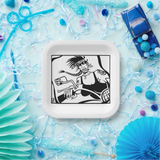 バイクもしくは自転車に乗る人チックブラックスクエア紙プレート ペーパープレート (パーティー)