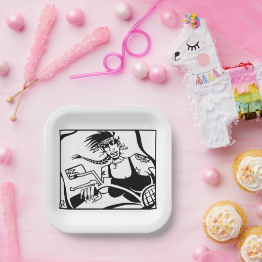 バイクもしくは自転車に乗る人チックブラックスクエア紙プレート ペーパープレート (パーティー)